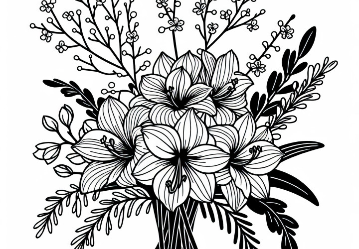 Dessin à colorier de fleurs d'hiver : bouquet d'amaryllis et de branches