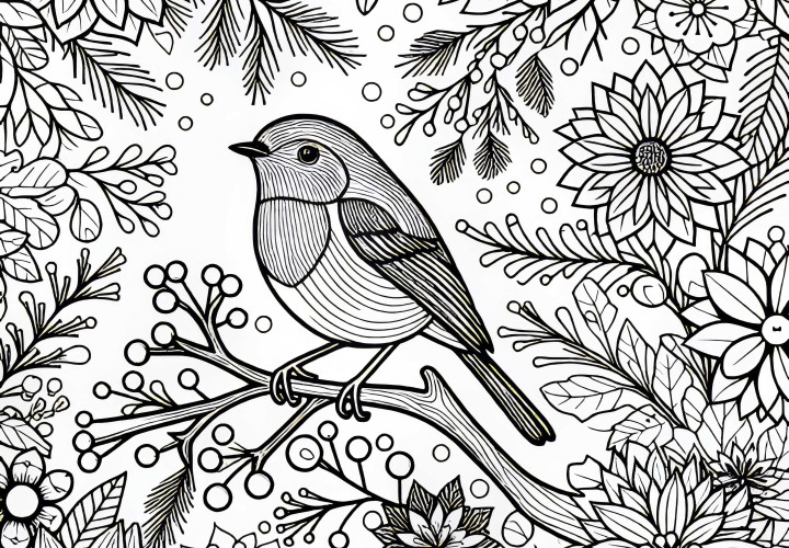 Un rouge-gorge est assis sur une branche avec des fleurs d'hiver - Modèle de coloriage gratuit