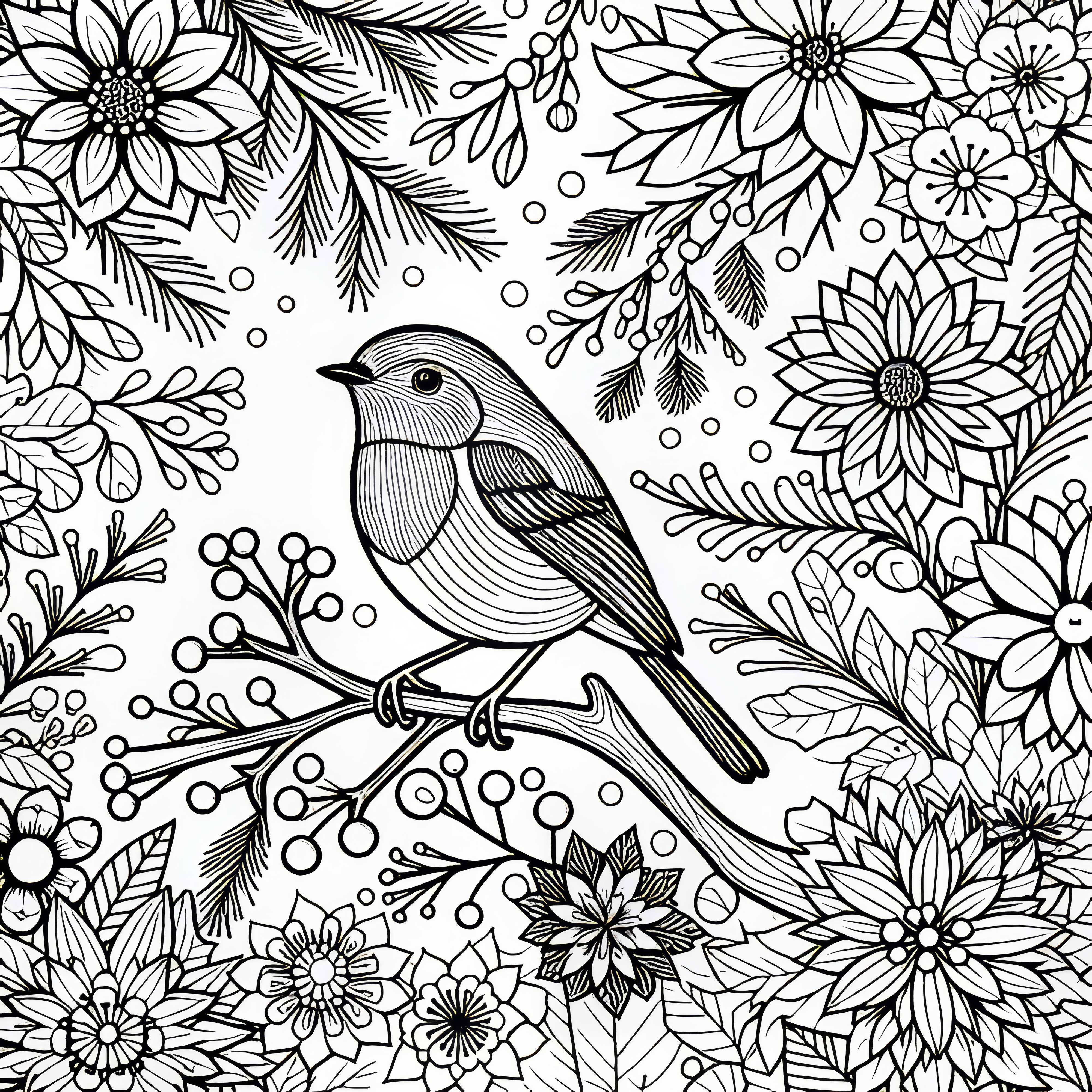 Le rouge-gorge est assis sur une branche avec des fleurs d'hiver - modèle de coloriage gratuit