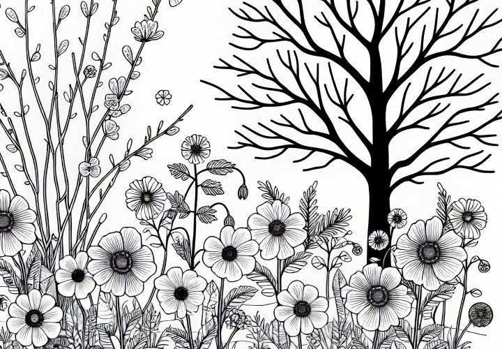 Fleurs d'hiver sous un arbre nu - Image à colorier gratuite