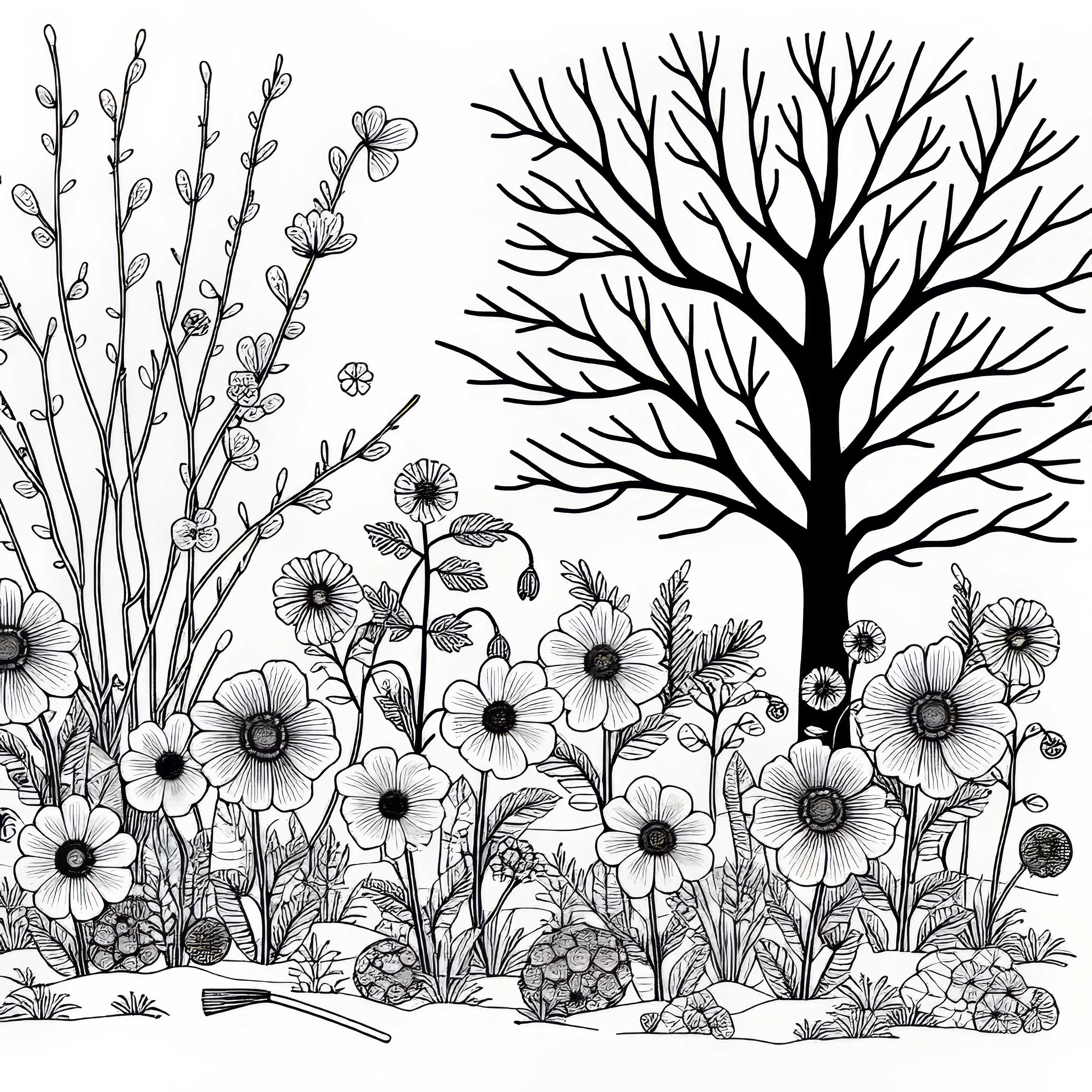 Fleurs d'hiver sous un arbre dénudé - Image à colorier gratuite