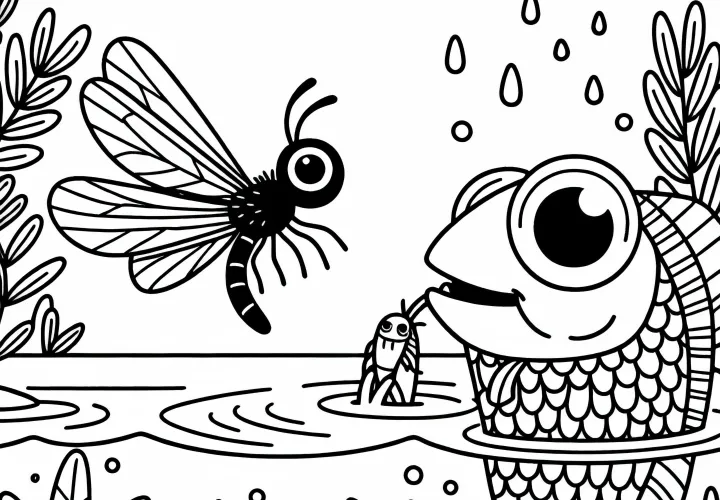 Mayfly is observed by fish – Free coloring template