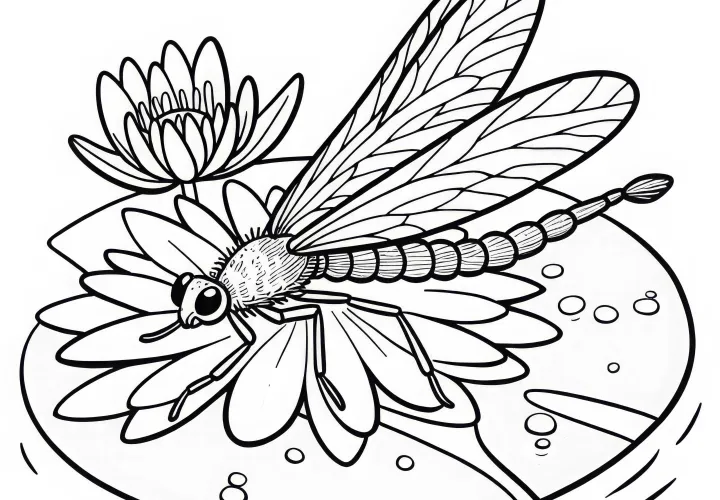 Mayfly rests on a water lily leaf - Free coloring page