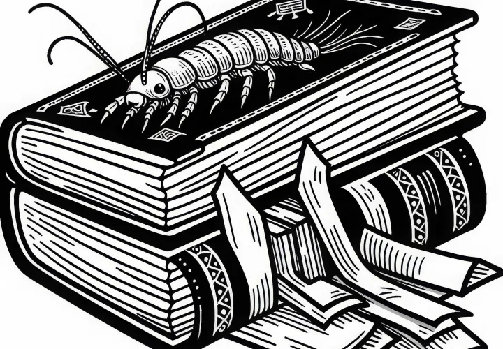 Srebrna ribica se plazi po knjigah – brezplačno prenesite sliko za obarvanje