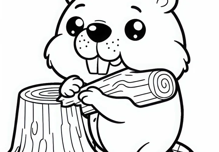 Бобр грызет ствол дерева: Простая раскраска (Бесплатно)