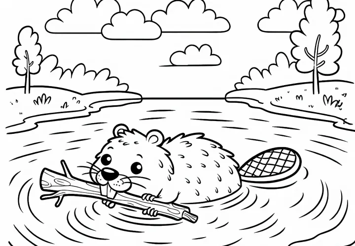 Бобёр плавает с веткой во рту по реке: Простая раскраска (Бесплатно)