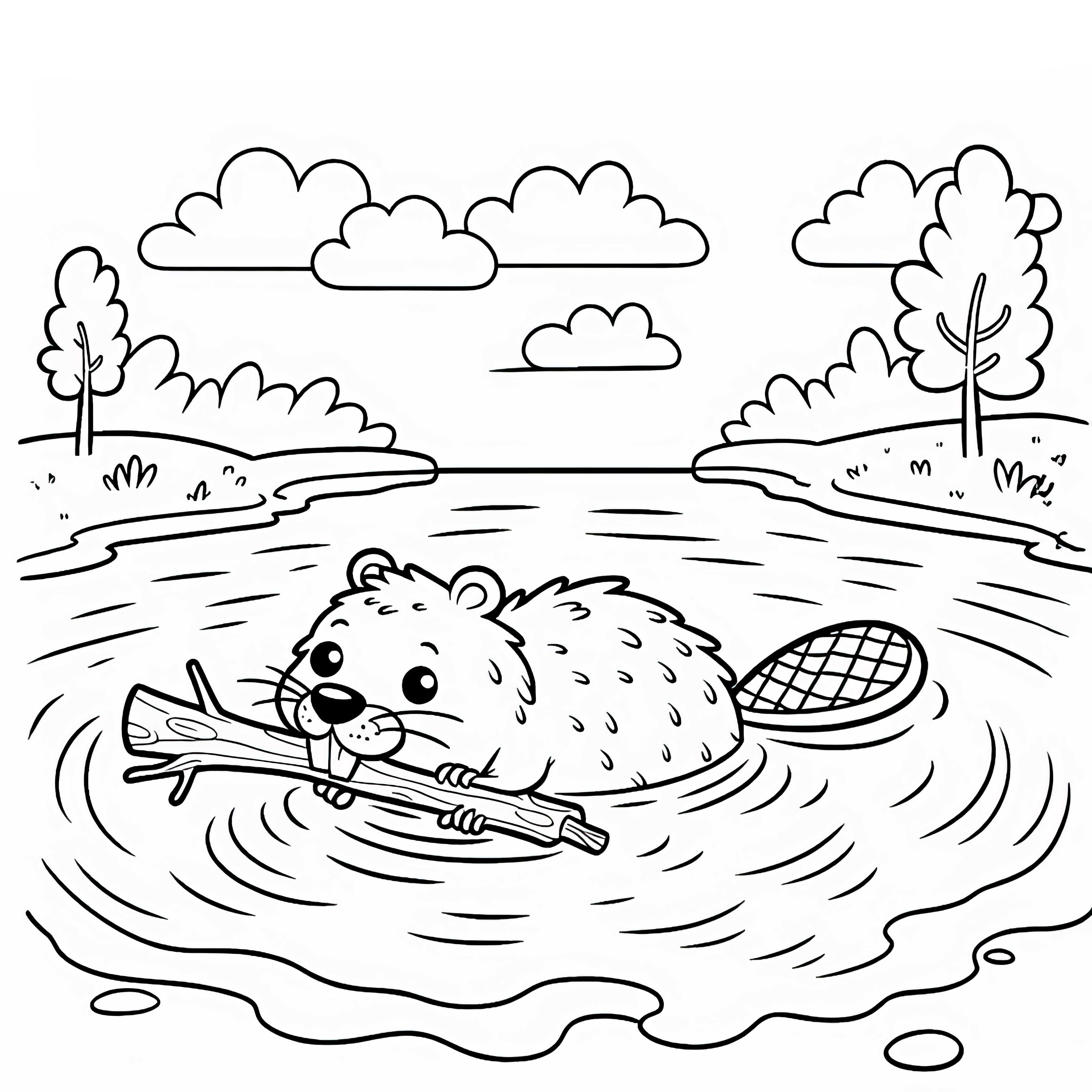 Biber schwimmt mit Ast im Maul durch Fluss: Einfaches Ausmalbild (Gratis)