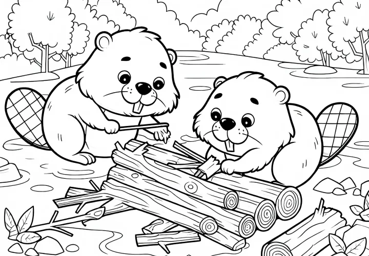 Два бобра строят плотину: Простая раскраска (Бесплатно)