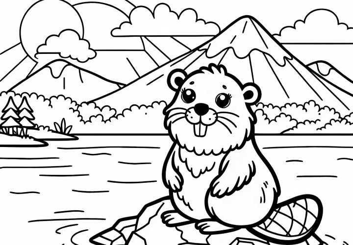 Biber steht auf Felsen im Wasser: Einfaches Ausmalbild (Gratis) Biber steht auf Felsen im Wasser: Einfaches Ausmalbild (Gratis)
