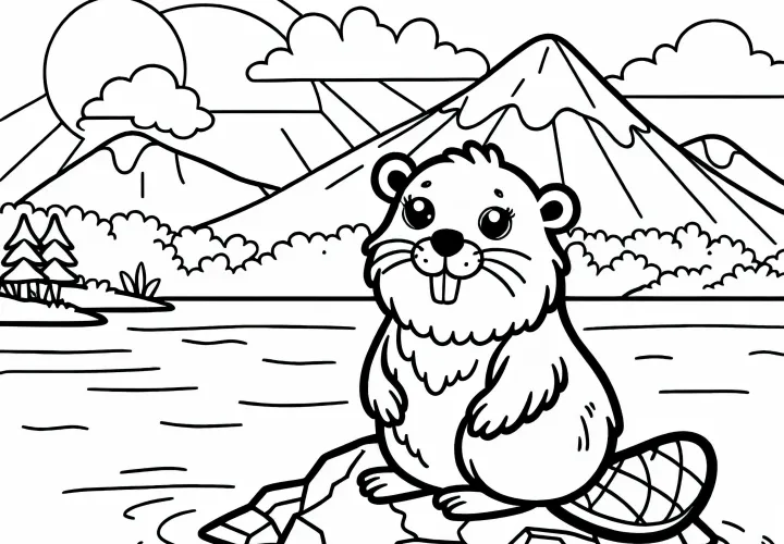 Бобр стоит на камнях в воде: Простой рисунок для раскрашивания (Бесплатно)