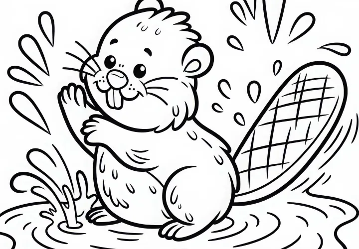 Бобер хлопает хвостом по воде: Простая раскраска (Бесплатно)