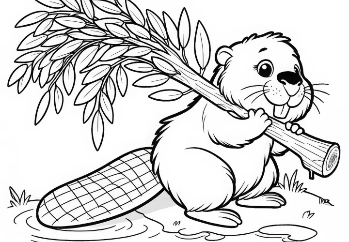 Бобер несет ивовую ветку к своей норе: Простая раскраска (Бесплатно)