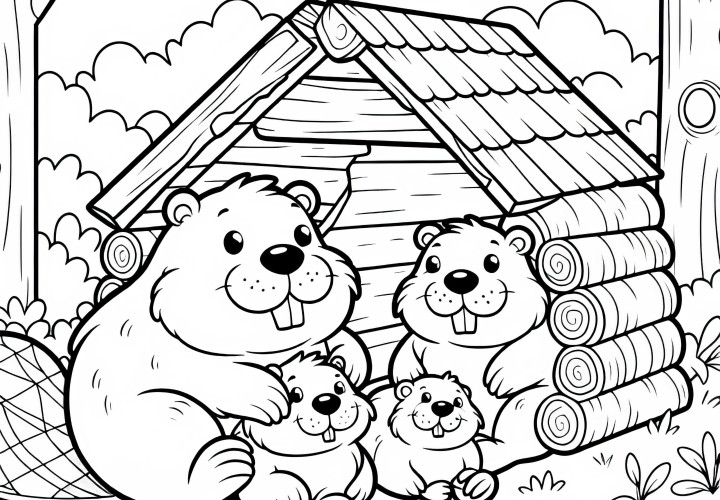 Biberfamilie im Haus: Einfaches Ausmalbild (Gratis) Biberfamilie im Haus: Einfaches Ausmalbild (Gratis)