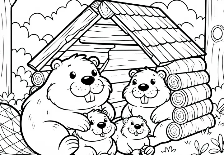 Семья бобров в доме: Простая раскраска (Бесплатно)