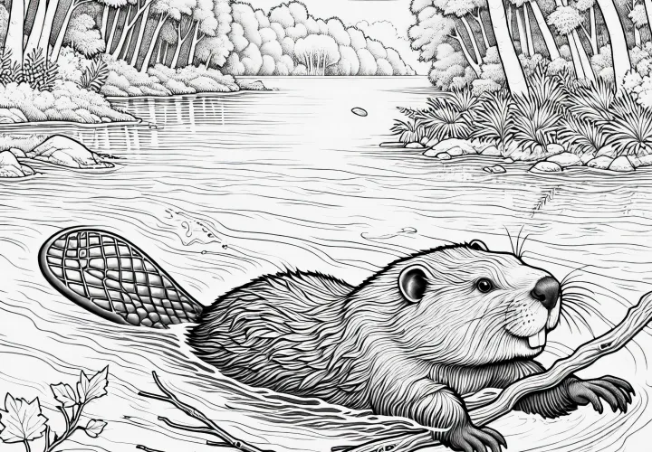 Бобер плавает с веткой по реке: раскраска для скачивания (бесплатно)