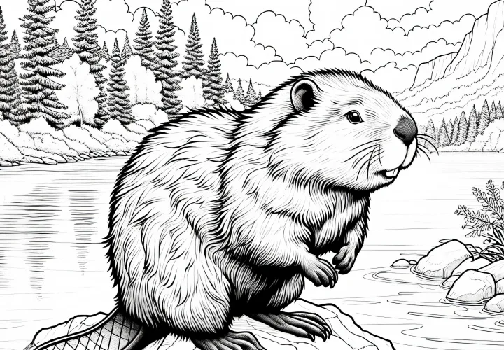 Бобр стоит на скале: Раскраска для скачивания (Бесплатно)