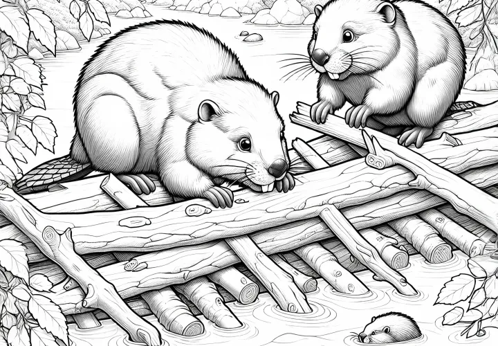 Два бобра строят плотину: Раскраска для скачивания (Бесплатно)