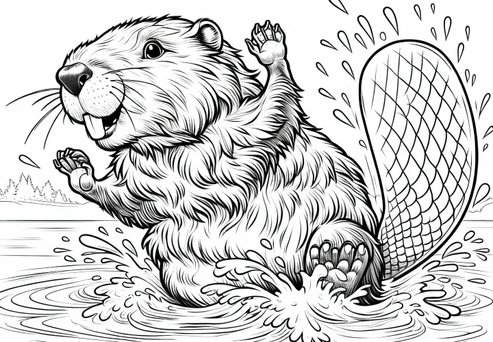 Бобер танцует своим хвостом в воде: бесплатная раскраска