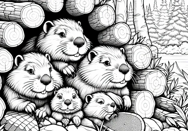 Семья бобров в бобровой крепости: раскраска для скачивания (бесплатно)