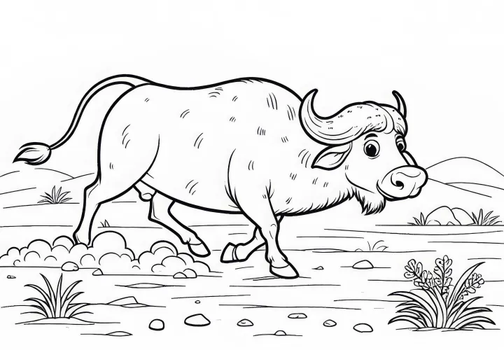 Буйвол медленно идет по пыльной степи – бесплатная раскраска