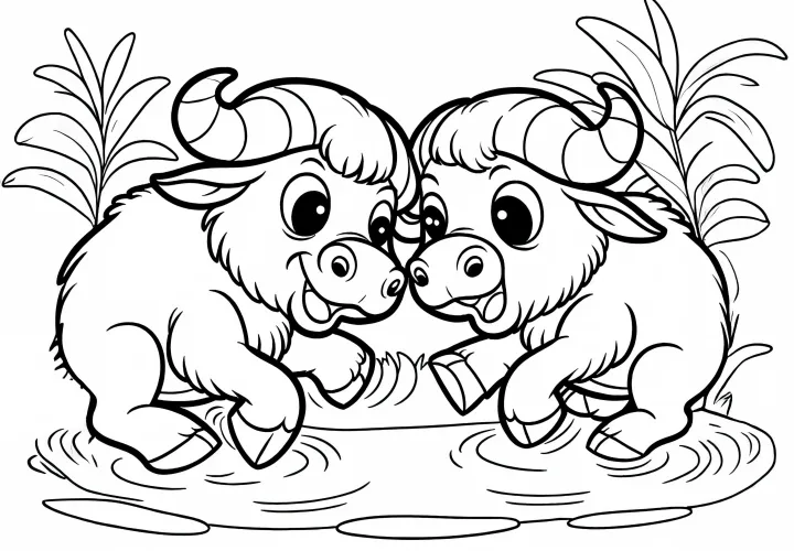 Два бизона игриво сталкивают свои рога друг о друга - бесплатная раскраска