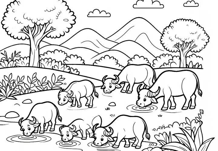 Небольшое стадо буйволов стоит у реки и пьет воду – раскраска бесплатно