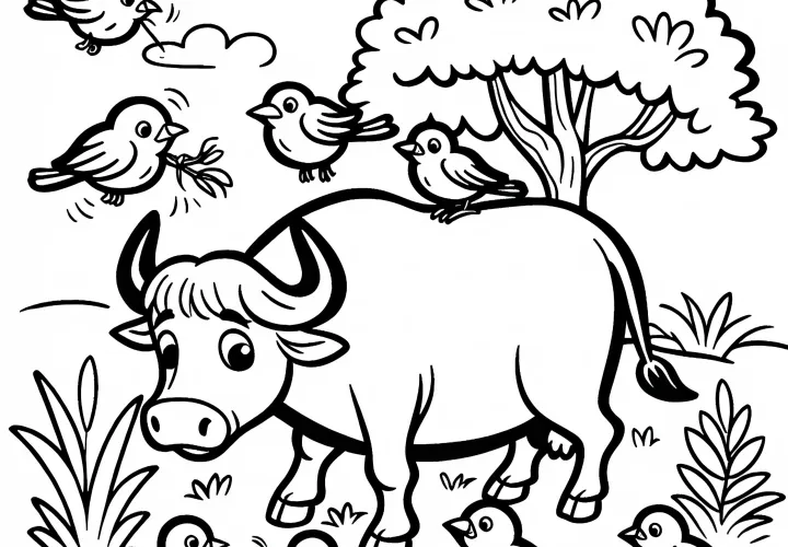 Быка сопровождают птицы – Бесплатная раскраска