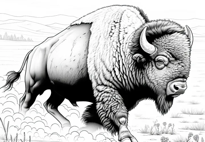 Бафало бежит по пыльной степи – Раскраска с детализированным изображением и бесплатно