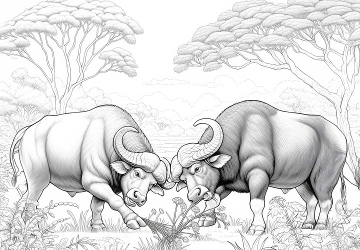 Two buffaloes ram their horns against each other – Free coloring page