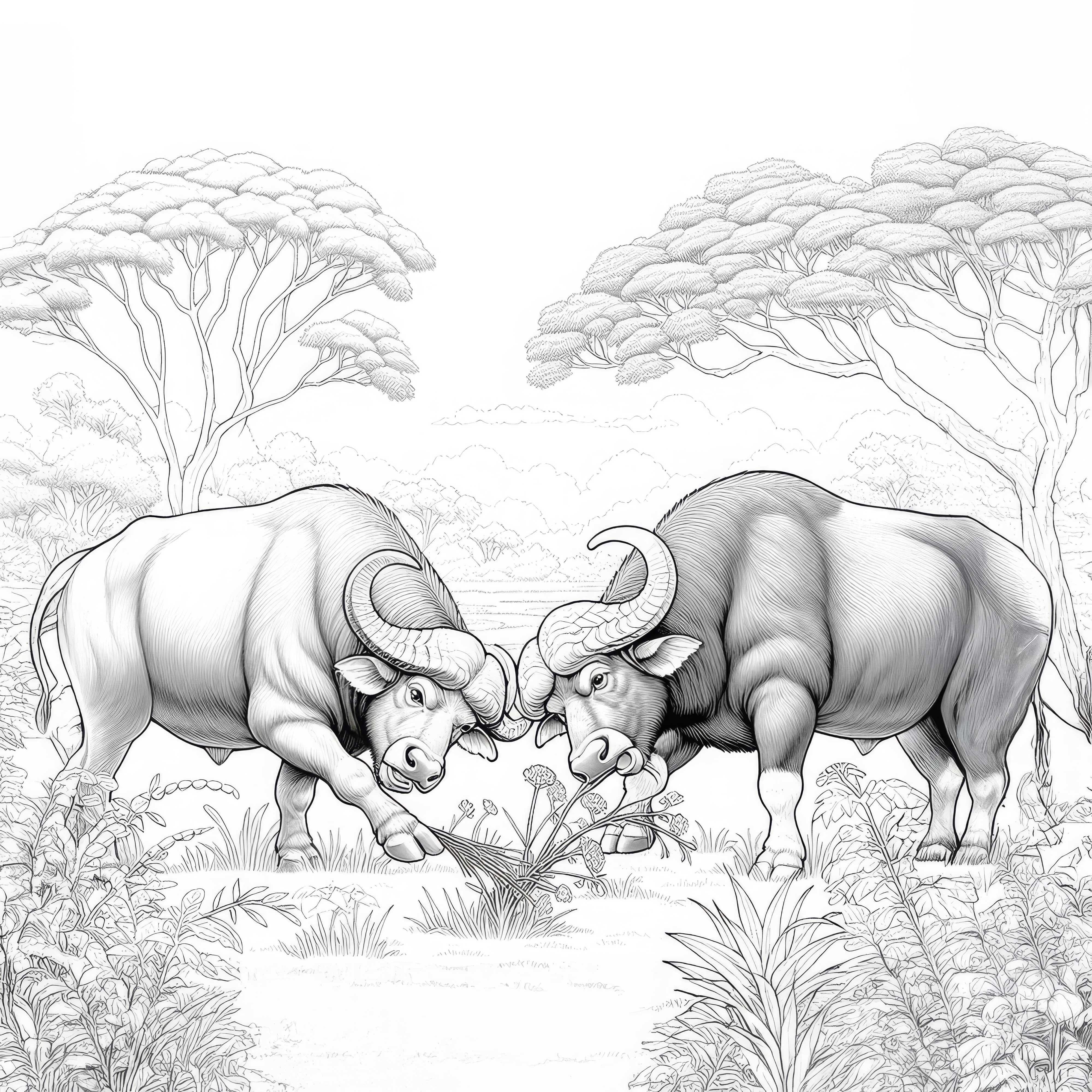 Two buffaloes ram their horns against each other – Free coloring page