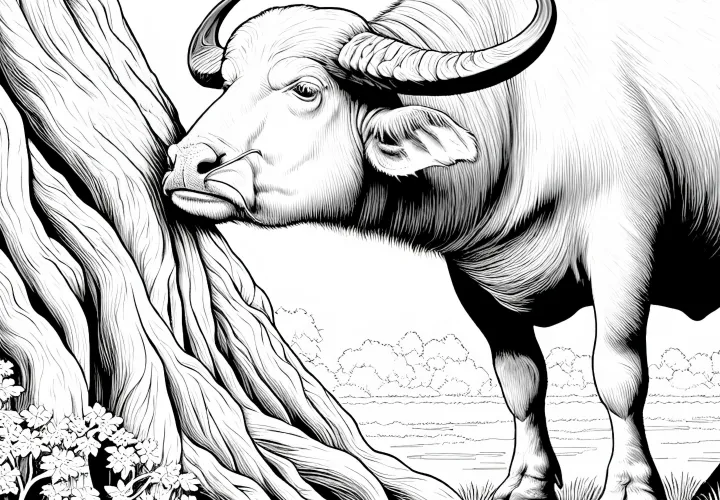 Бык чешется о дерево – Раскраска для скачивания