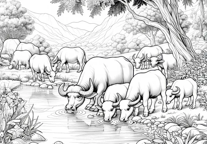 Стая буйволов стоит у реки и пьет воду – раскраска с подробностями бесплатно