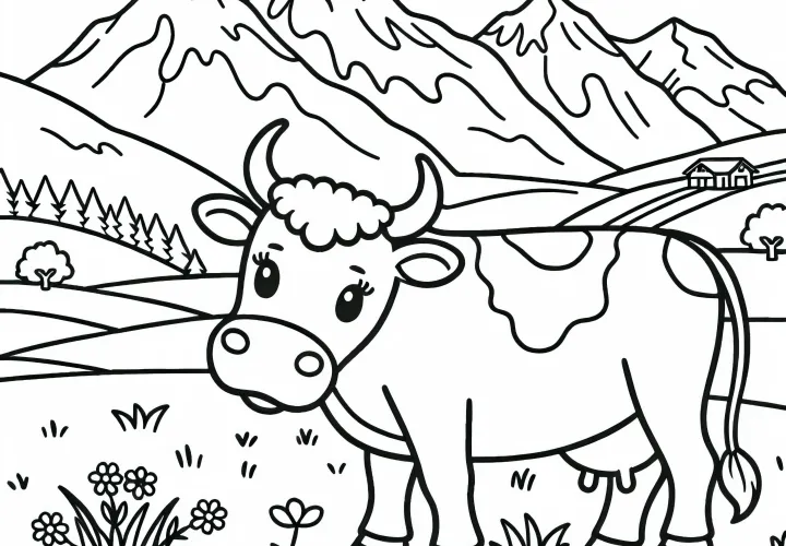 Kuh mit großen Hörnern grast friedlich auf Almwiese – Ausmalbild kostenlos