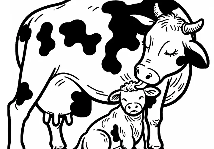 Мать-корова вылизывает своего новорождённого теленка – Бесплатная раскраска