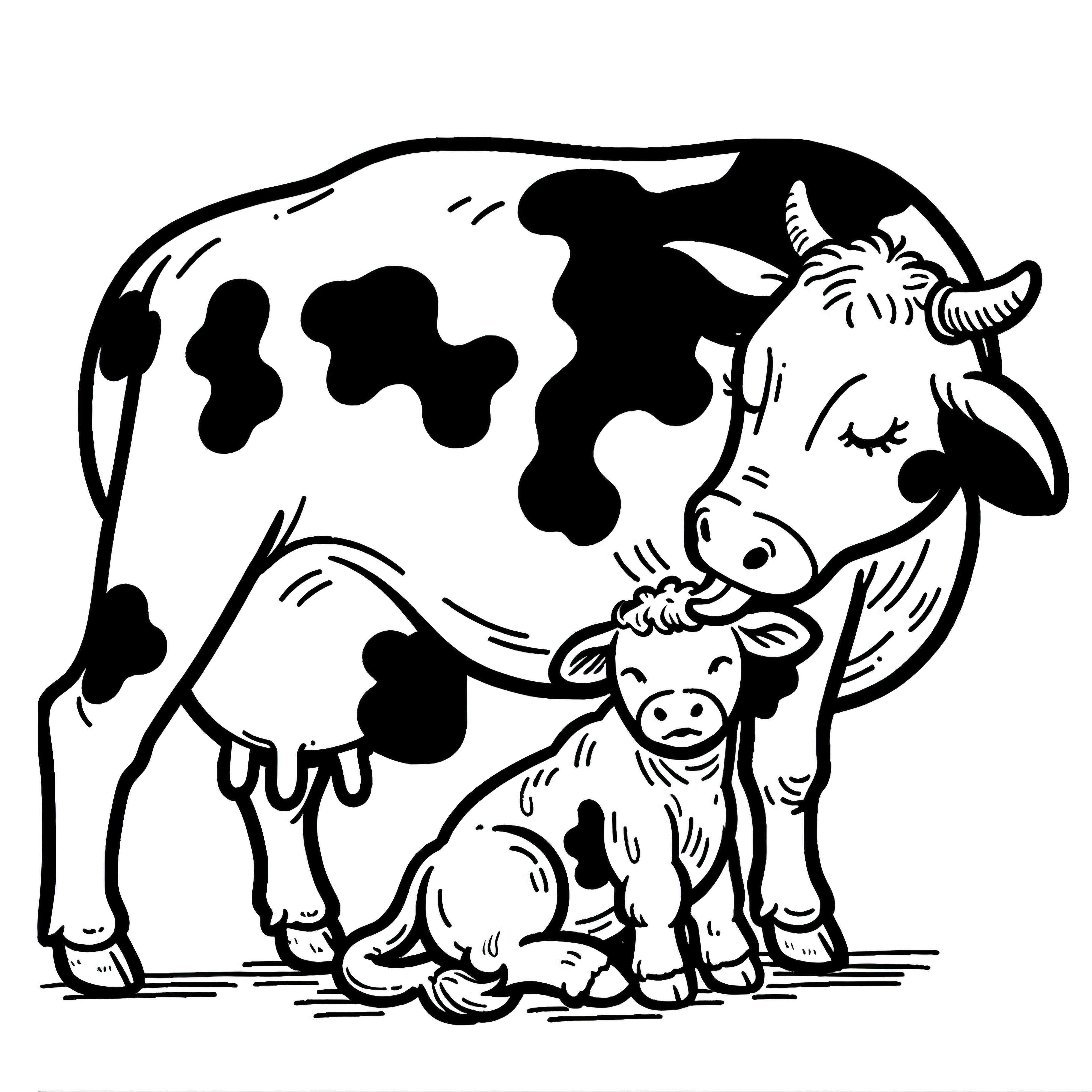 Mutterkuh leckt ihr neugeborenes Kalb sauber – Ausmalbild kostenlos
