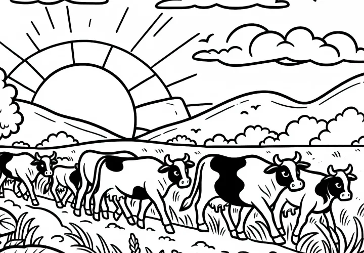 Небольшое стадо коров медленно идет по полевой дороге на закате – Бесплатный раскраска