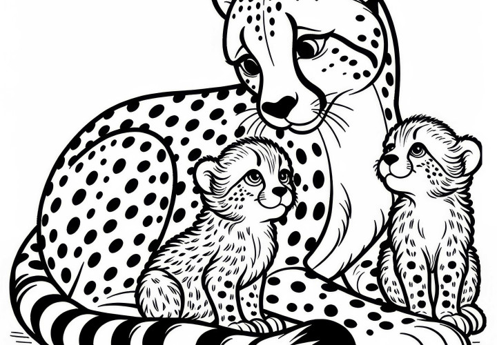 Madre guepardo con sus crías: Imagen para colorear sencilla (Gratis) Madre guepardo con sus cachorros: Imagen para colorear sencilla (Gratis)