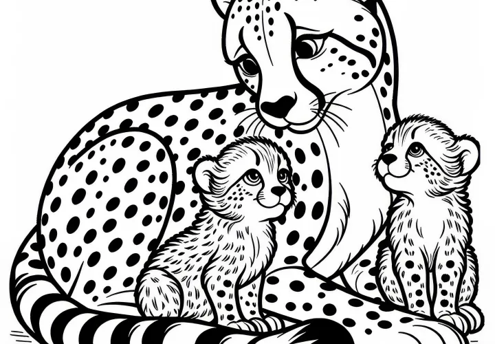 Gepárd anyuka a kölykeivel: Egyszerű színező kép (Ingyen)