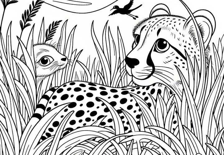 Guepardo observa presa: Plantilla sencilla para colorear (Gratis) Guepardo observa la presa: Plantilla para colorear simple (Gratis)