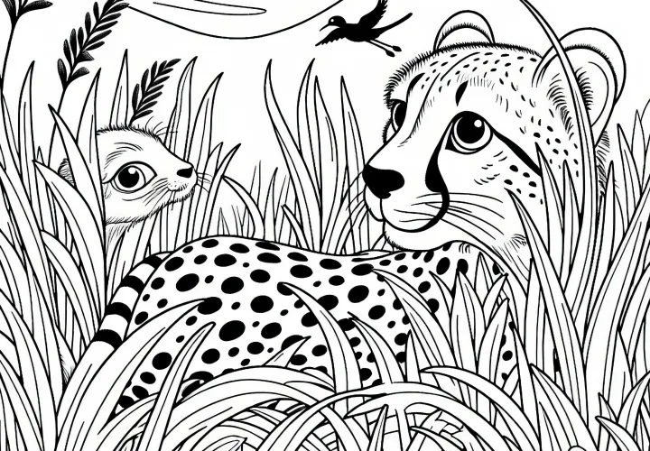 Gepárd megfigyeli a zsákmányt: Egyszerű színezőlap (Ingyenes)