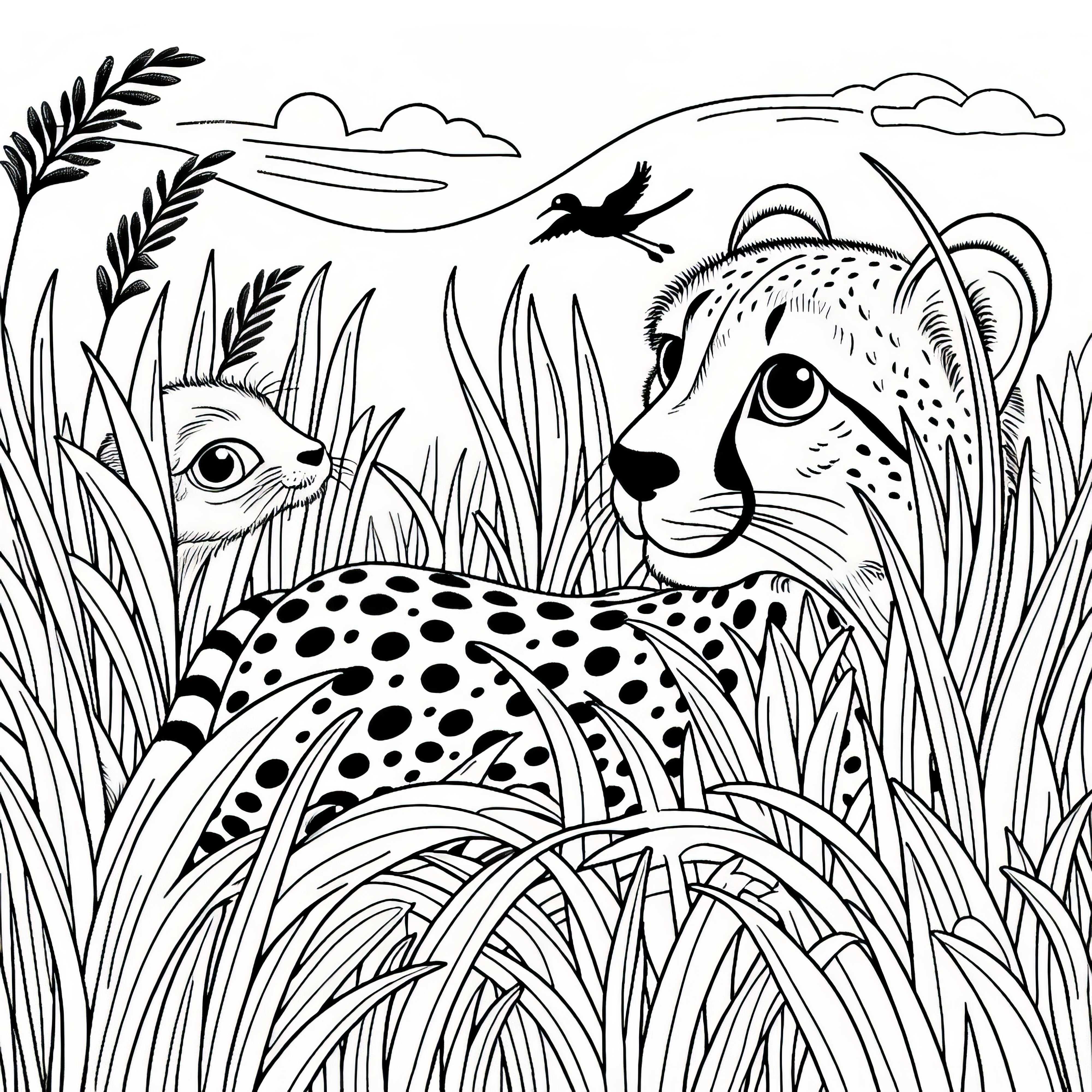 Guepardo observando presa: Plantilla de colorear simple (Gratis)