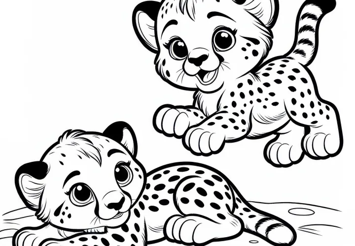 Két gepárd kölyök játszik: Egyszerű színező kép (Ingyenes)