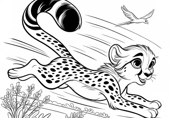 Gepárd a sprintben madárral: Egyszerű színező sablon (Ingyenes)