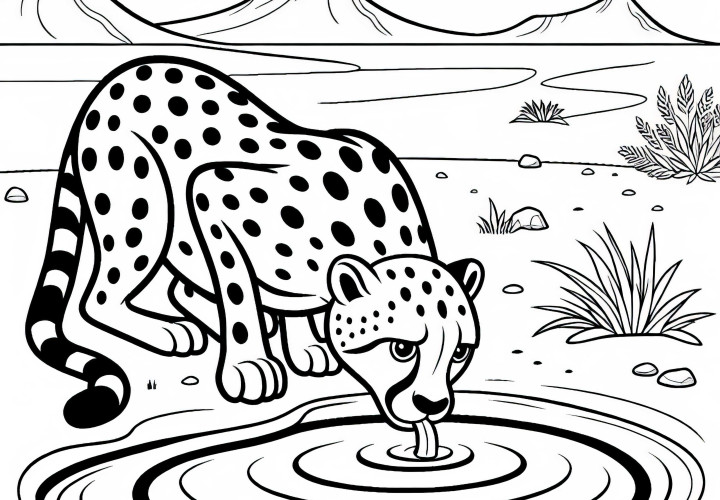 El guepardo bebe de un pozo de agua en el desierto: Dibujo para colorear simple (Gratis) Guepardo bebiendo de un charco en el desierto: Dibujo para colorear sencillo (Gratis)