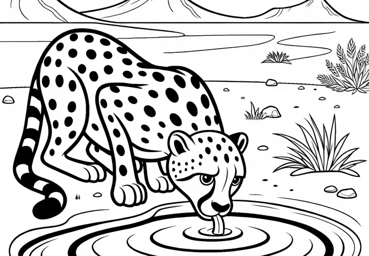 Gepárd iszik a vízlyukból a sivatagban: Egyszerű színezőlap (Ingyenes)