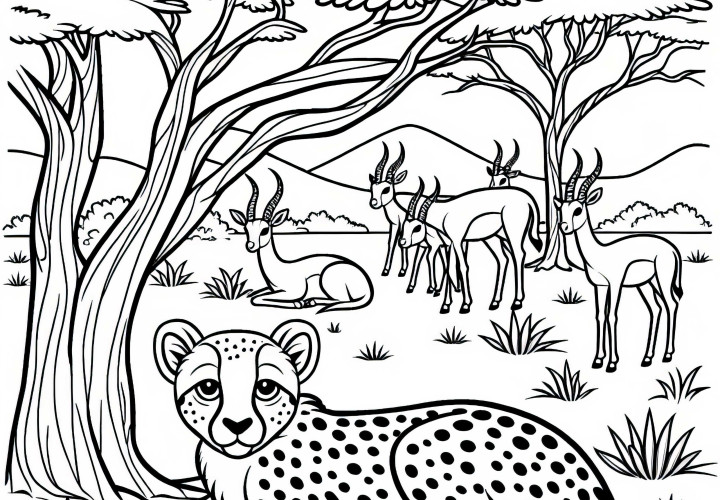 Gepardo bajo un árbol con antílopes: plantilla para colorear para descargar (gratis) Gepardo bajo un árbol con antílopes: Plantilla para colorear para descargar (Gratis)