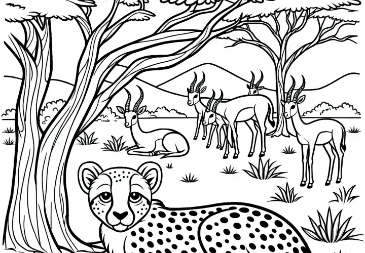 Guepardo sob uma árvore com antílopes: Modelo para colorir para download (Gratuito)