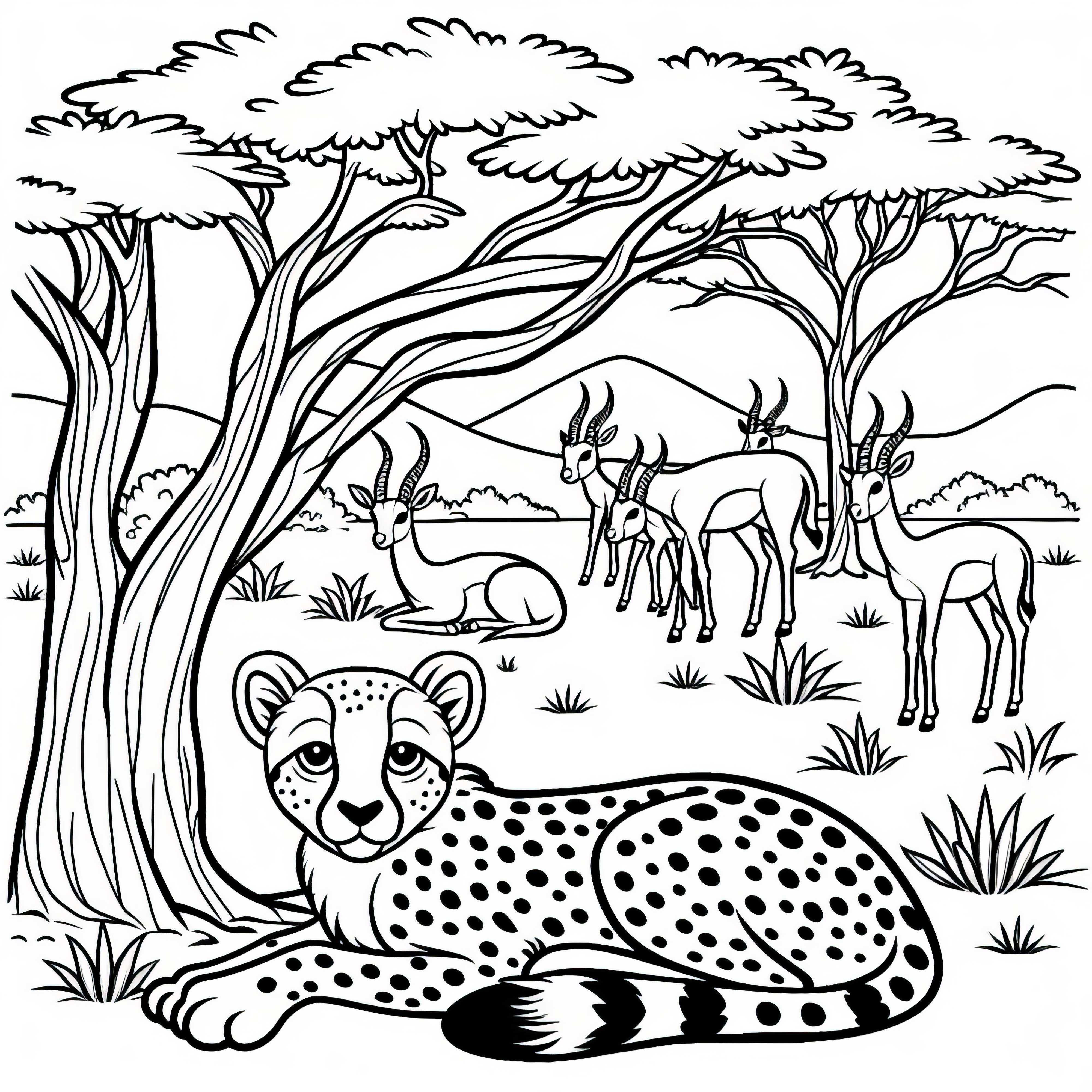 Gepardo bajo un árbol con antílopes: plantilla para colorear para descargar (gratis)