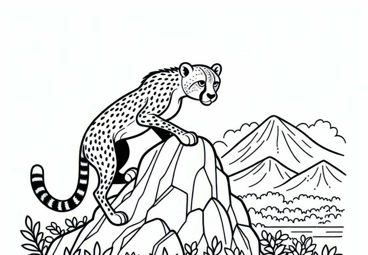 Guepardo en una roca: Imagen para colorear sencilla (Gratis) Guepardo en una roca: Dibujo para colorear (Gratis)