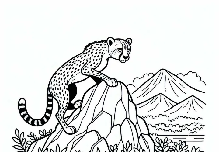 Gepárd egy sziklán: Egyszerű színező kép (Ingyenes)